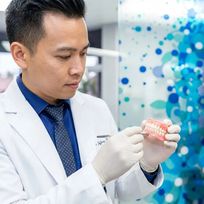 Dentist adjusting denture fit for patient