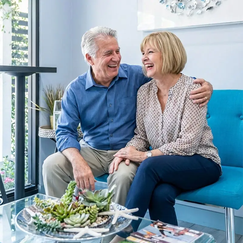 Senior couple smiling happily with natural looking dentures