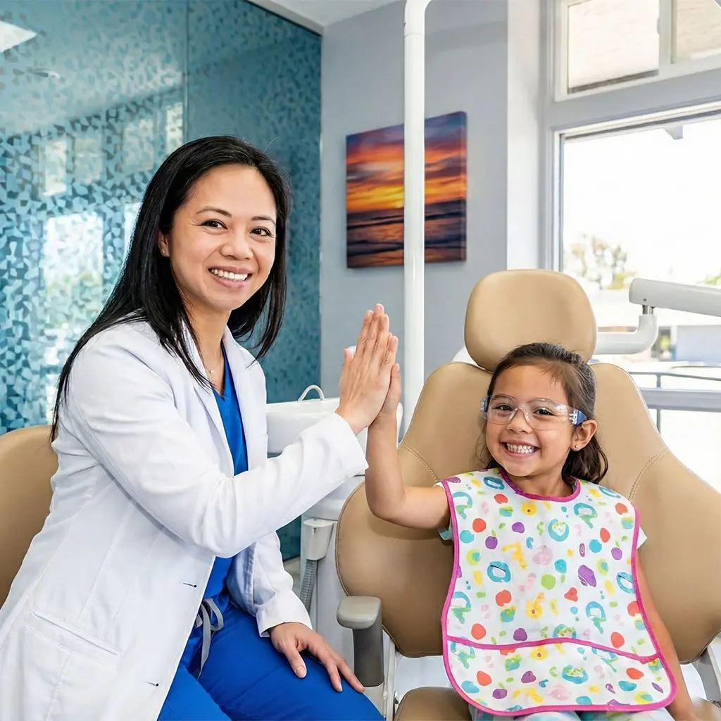 A child smiling in the dental chair