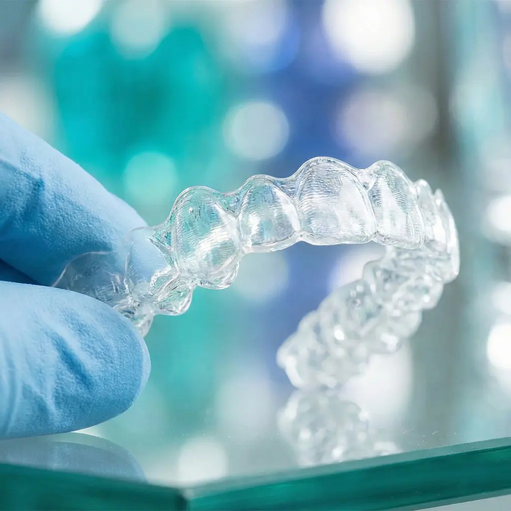 Woman holding clear Invisalign aligner