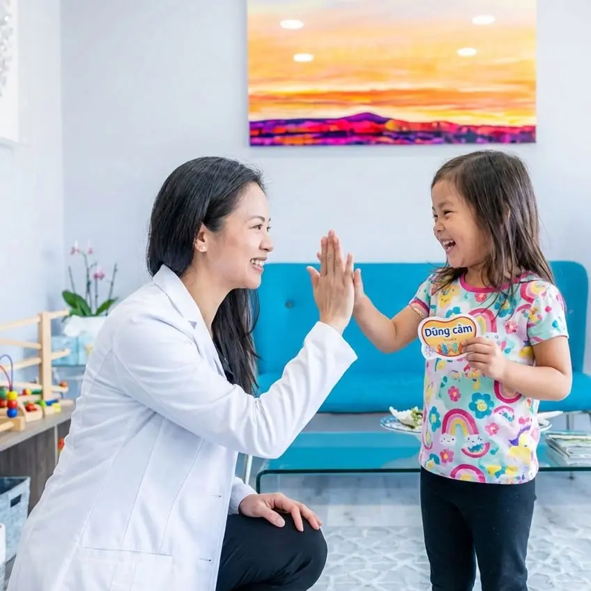 Happy kid high-fiving dentist in the chair